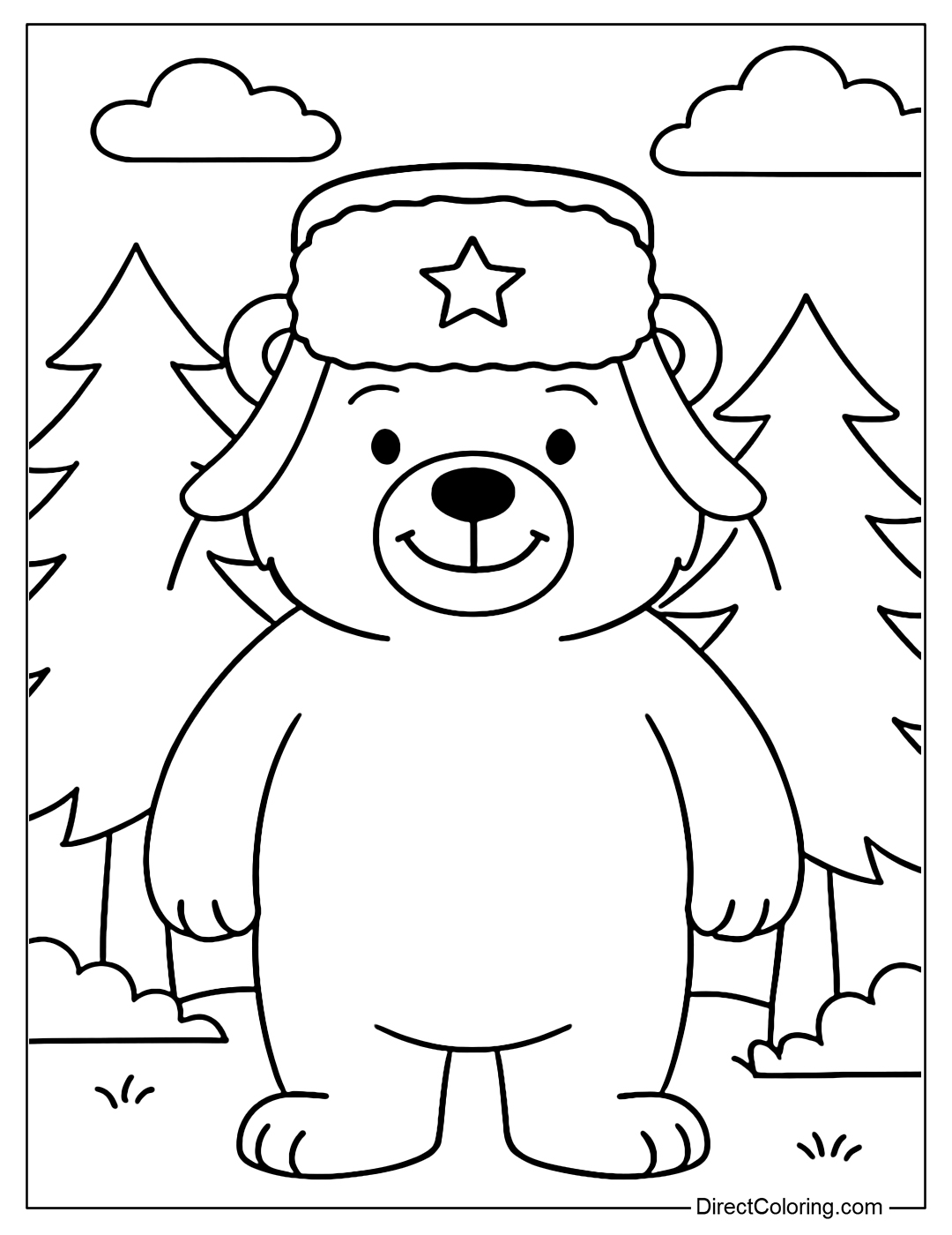 Coloring page of a Russian bear wearing an ushanka fur hat, smiling in the middle of the forest.